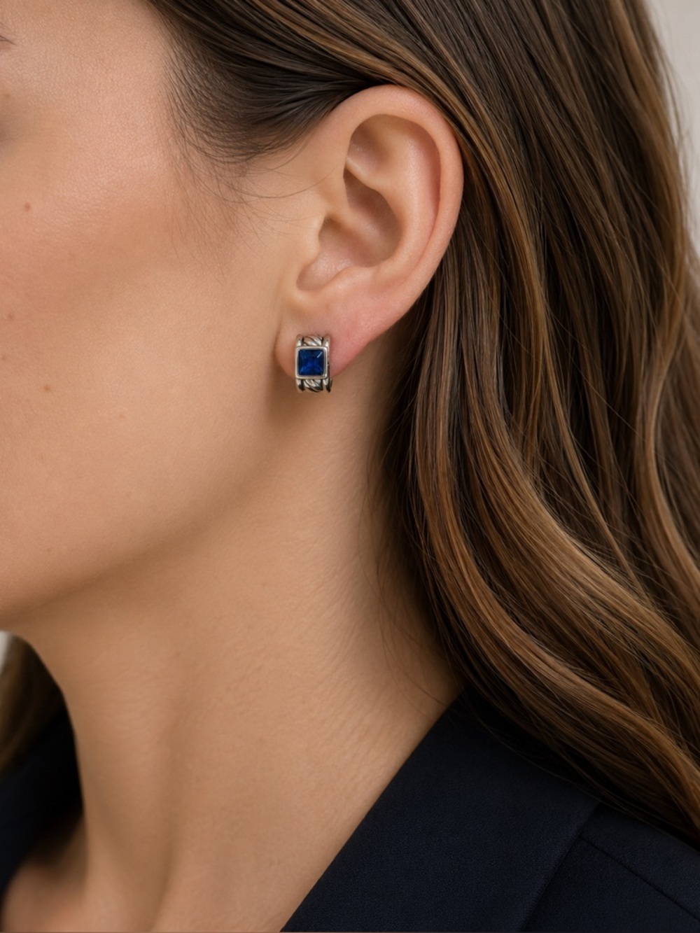 Vintage Sapphire Blue Glass Silver Tone Stud Earrings 80s Geometric